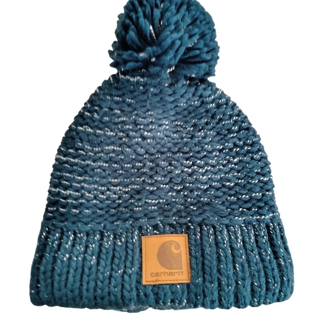 Carhartt Womens Teal Blue Knit Pom Beanie Fleece Lined Winter Hat AH5469-W